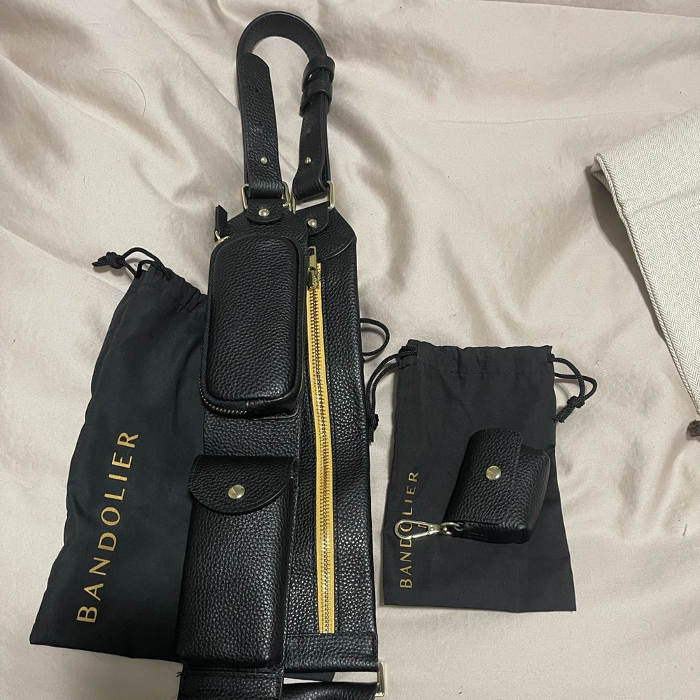 Bandolier Black Leather bag Strap with removable pouch